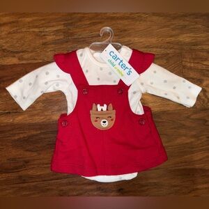 Carter's Red and White Kids Overall Dress Set, Reindeer, Christmas, Holiday